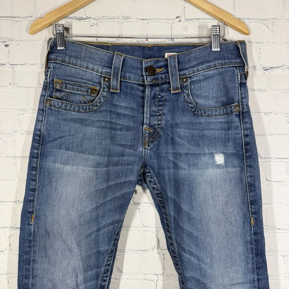 True Religion Rocco Mens 30 Made USA Distressed Slim Jeans Y2K Medium Wash Denim